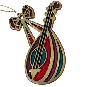 VTG Avon Snow Fantasy Stained Glass Mandolin Christmas Ornament Gold Red Green